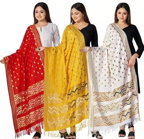  VARYAA DESGINER WOMEN`S BANARASI RUSSLE SILK GOLD ZARI WORK DUPATTA COMBO OF 3 (RED, WHITE, YELLOW) - Free Size