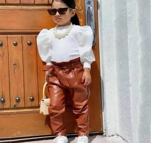 Girls leatherite pant with white designer top  - 3-4 Years