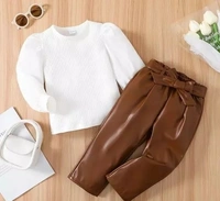 Girls leatherite pant with white designer top  - 6-7 Years