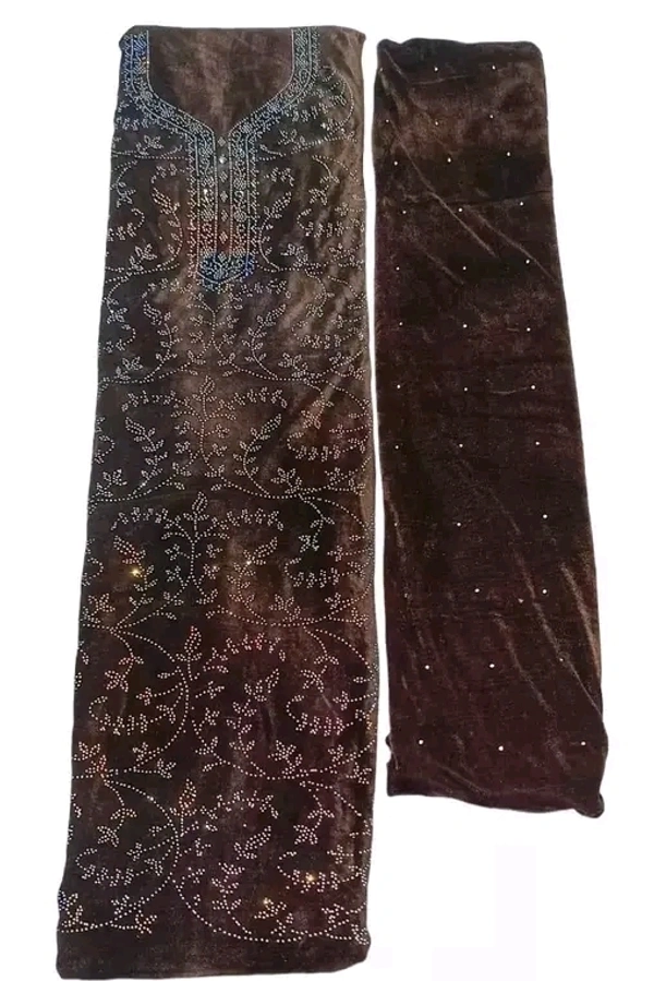Womens Woollen Velvet Shaneel Silousky Work Dress Material - Nutmeg Wood Finish, Unstitched