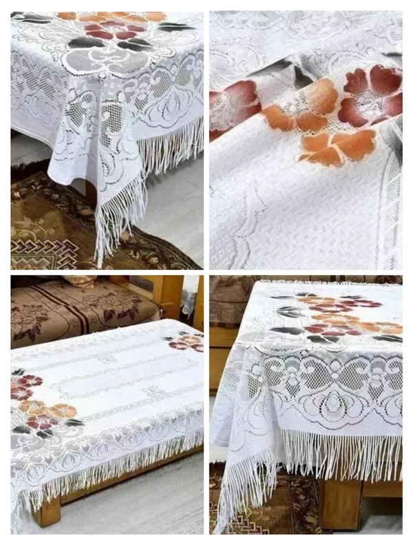Mebels Joy table cover 4 seater centre table cover on cotton net material rectangle shape(40 x 60 inches) white colour & Cream  - White, Free Size