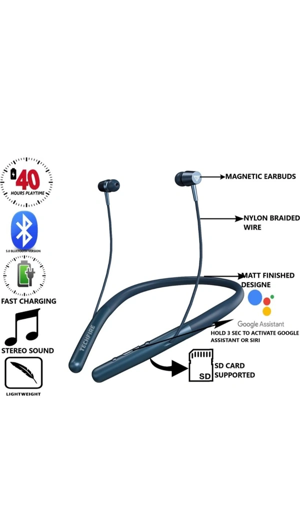 Techfire h-700 Pro 5.0 40 Hours HI BASS SOUND   non-stop battery backup Latest unique Premium Design light Weight High Quality Wireless Neckband with mic Bluetooth Headphones & Earphones - Free Size, Bunting