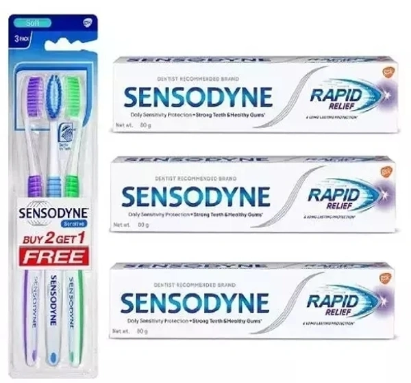Sensodyne Rapid Relief Toothpaste(80 g x 3)Combo Pack + Sensodyne Sensitive Toothbrush (2+1 Pack)