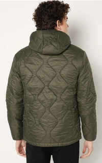 LEE COOPER  Puffer Hooded Jacket with Zip Pockets - Olive, XL, 320gm
