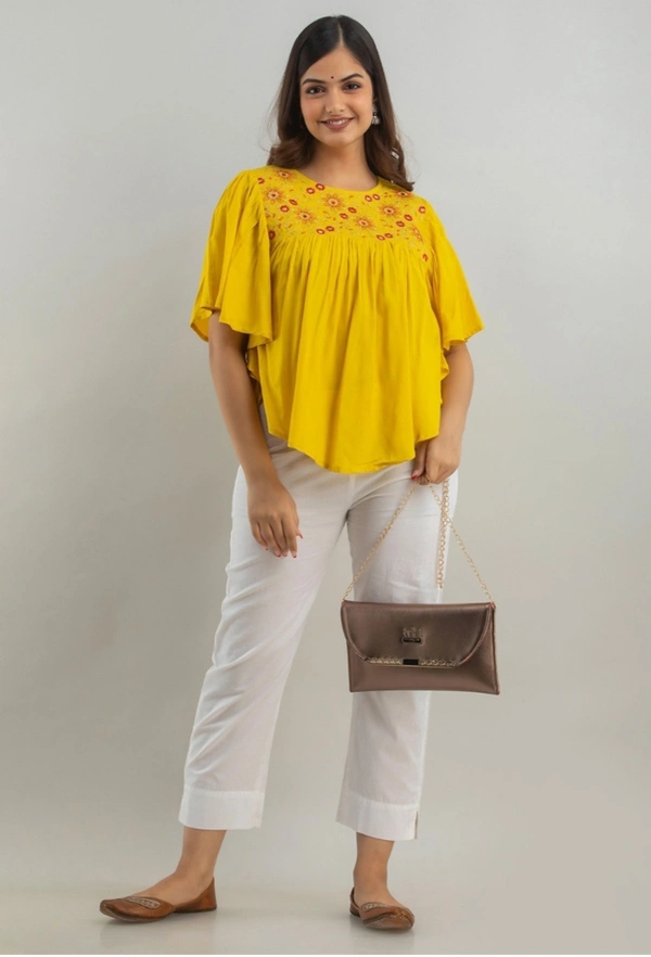 WOMEN TOUCH Floral Embroidered Round-Neck Tunic Tops Womens - Gold, L, Rayon