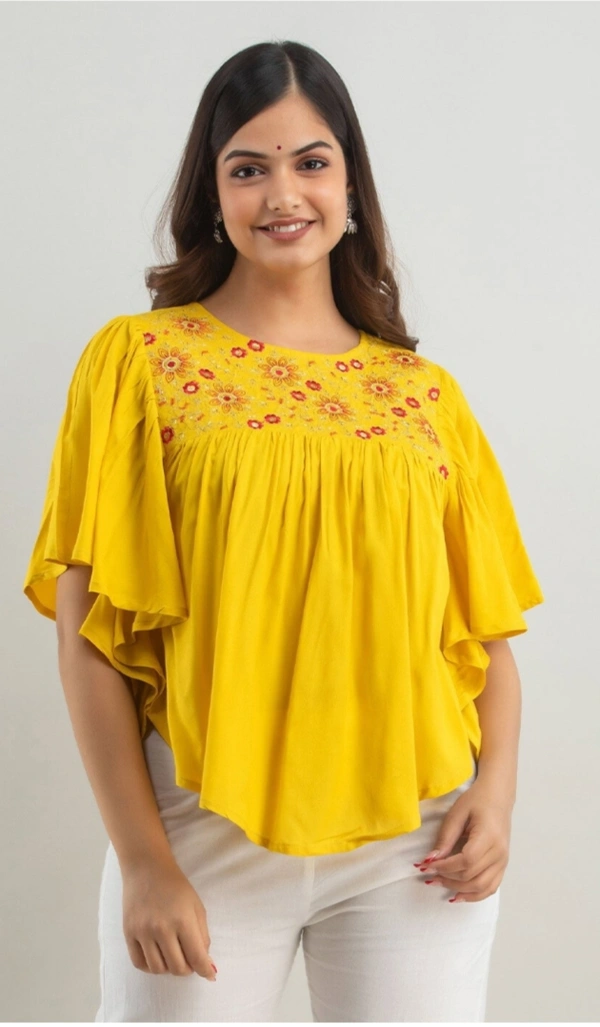 WOMEN TOUCH Floral Embroidered Round-Neck Tunic Tops Womens - Gold, XXL, Rayon