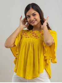 WOMEN TOUCH Floral Embroidered Round-Neck Tunic Tops Womens - Gold, XXL, Rayon
