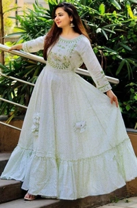 Women Embroidered Viscose Rayon Gown Kurta - White, M, Rayon