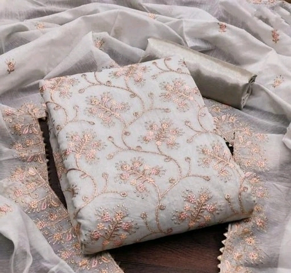 Unstitched Chanderi Salwar Suit Material Embroidered - Unstitched, Gray