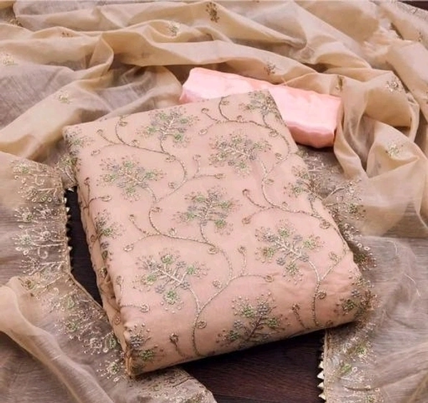 Unstitched Chanderi Salwar Suit Material Embroidered - Unstitched, Peach