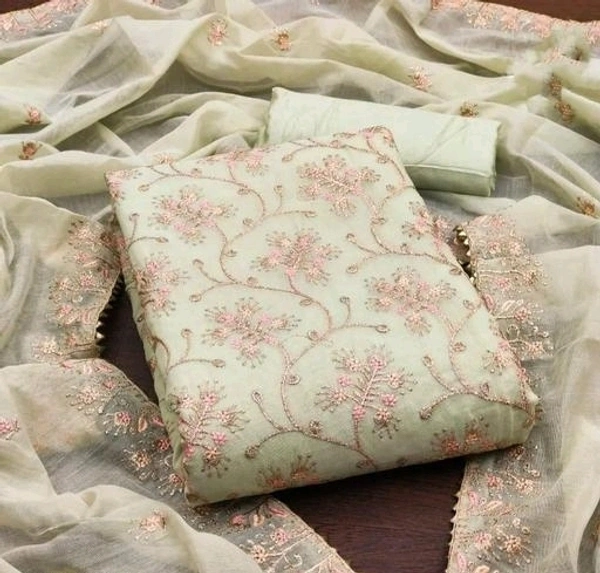 Unstitched Chanderi Salwar Suit Material Embroidered - Unstitched, Fall Green