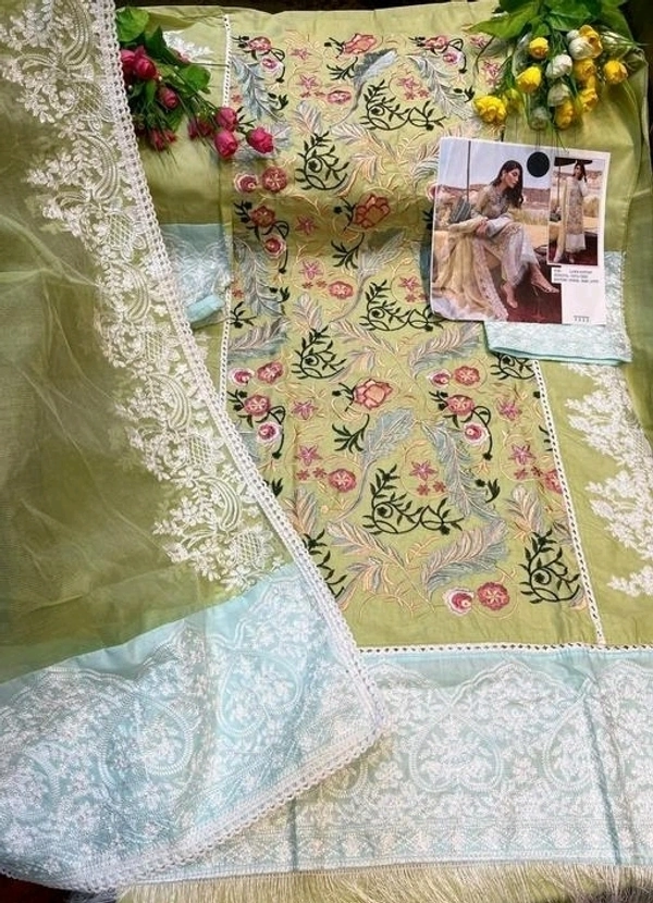 Women's Green Zari butta Embroidered Lawn Cotton Semi Stitched Suits - Semi-Stitched