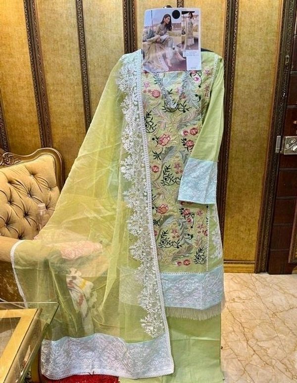 Women's Green Zari butta Embroidered Lawn Cotton Semi Stitched Suits - Semi-Stitched