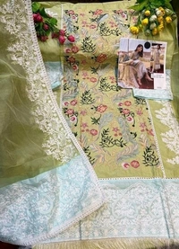 Women's Green Zari butta Embroidered Lawn Cotton Semi Stitched Suits - Free Size