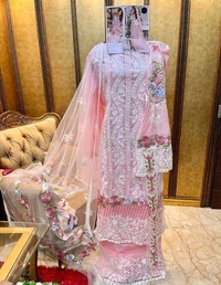Women's Pink Zari butta Embroidered Lawn Cotton Semi Stitched Suits - Semi-Stitched