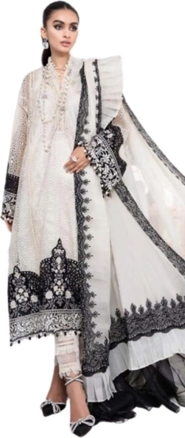 Women's White Solid Embroidered Cotton Semi Stitched Suits - Semi-Stitched