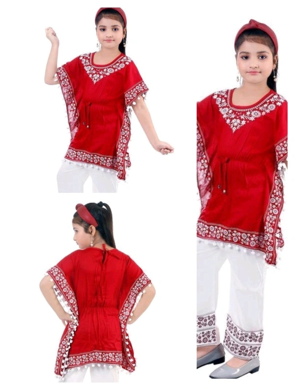 Girls Fancy Kaftan and palazzo set - Red, 6-7 Years