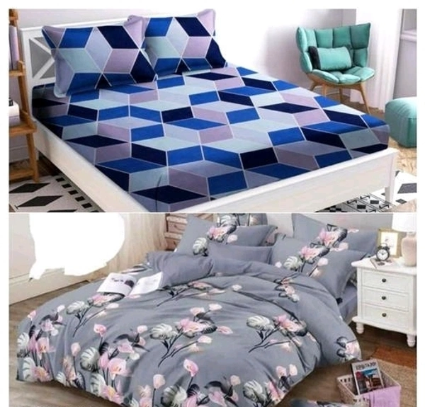 HANDLOOM HUT INDIAN COTTON FEEL DOUBLE BED  BEDSHEET COMBO SET OF 2(90*90) WITH 4 PILLOW COVERS(27*17) - Gray, Double