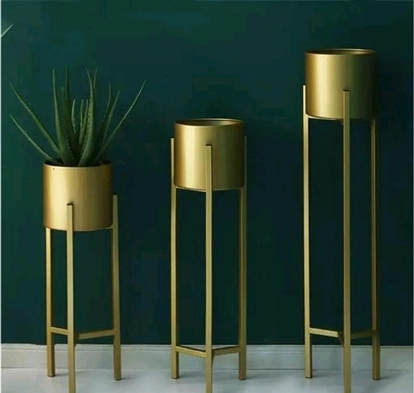 SR Handicraft Metal Floor Plant Stand for Living Room, Office , Golden, 3 Pieces
