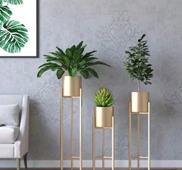 SR Handicraft Metal Floor Plant Stand for Living Room, Office , Golden, 3 Pieces