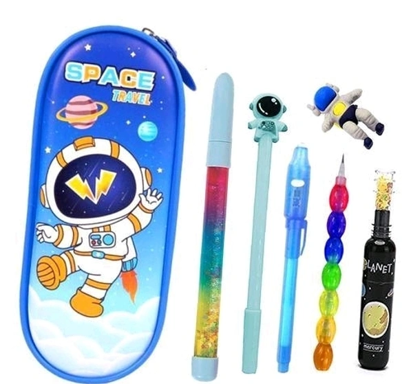 Best Birthday Return Gift Set Combo-7Pcs Space Theme Return Gift Set for Kids Party Favor Gift for Boys School Stationery Pencil Pouch Space Geometry Box Pen Pencil Eraser Highlighter for Kids Astronaut Theme Return Gift  Stationery & Art Supplies  