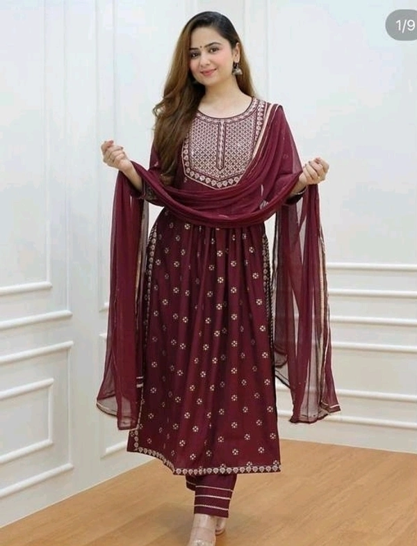 WOMEN NAIRA CUT KURTA WITH PANT AND DUPATTA - L, Maroon