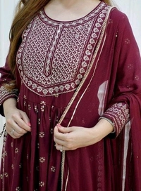 WOMEN NAIRA CUT KURTA WITH PANT AND DUPATTA - XL, Maroon