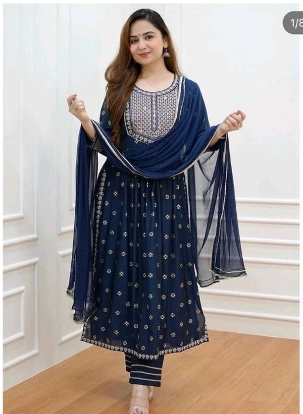 WOMEN NAIRA CUT KURTA WITH PANT AND DUPATTA - M, Navy Blue