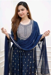 WOMEN NAIRA CUT KURTA WITH PANT AND DUPATTA - M, Navy Blue
