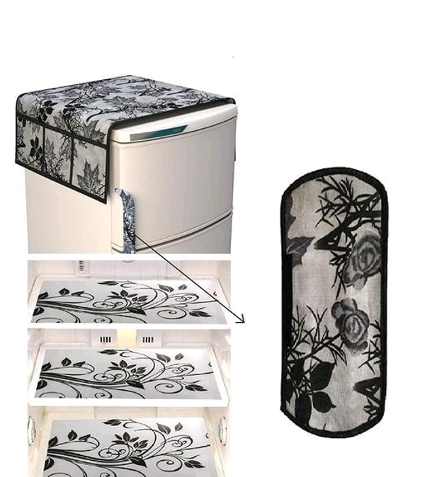 Shivam Creation's 1Pc Fridge Cover for Top with 6 Utility Pockets + 1 Handles Covers + 3 Fridge Mats(brownleaf3*1)
