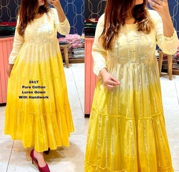 BEAUTIFUL LONG COTTON LUREX FABRIC GOWN - Laser Lemon, XL