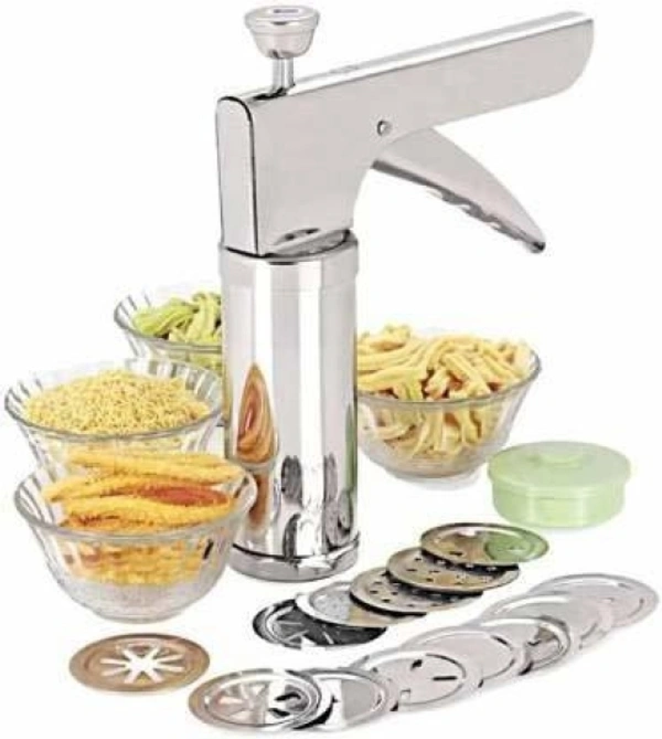 Stainless Steel Kitchen Press with 15 Different Types of Jalies, Murukku Maker/Bhujiya Maker/Cookies/Namkeen/Noodles/Chakali Maker/Sev Maker/Farsan Maker/Gathiya Maker