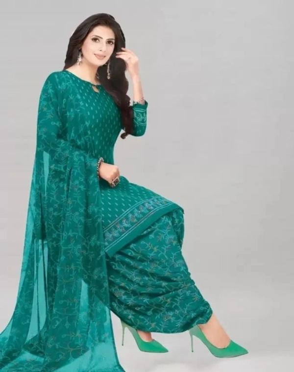 Crepe Printed, Floral Print, Polka Print Salwar Suit Material - Eastern Blue, Unstitched