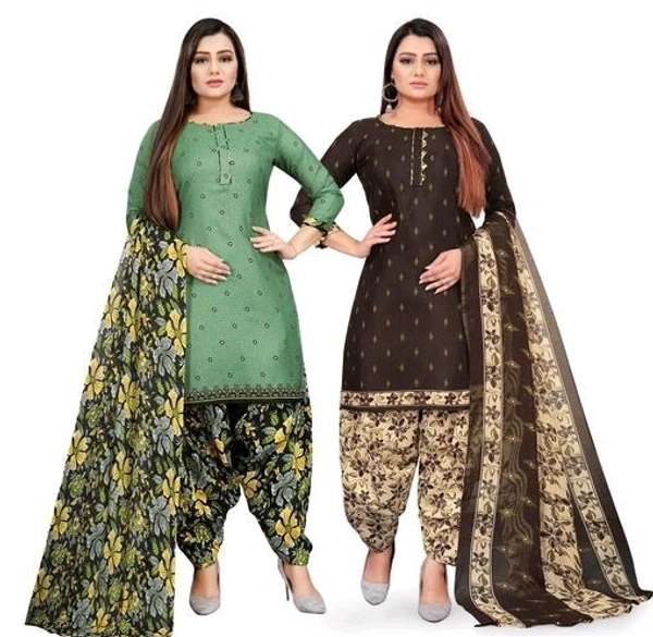 Rajnandini Green & Brown Cotton Printed Unstitched Salwar Suit Material (Combo of 2) - Unstitched