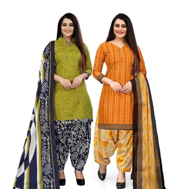 SHADOW Rajnandini Light Green And Mustard Cotton Printed Unstitched Salwar Suit Material (Combo of 2) - Web Orange, Un Stitched, Cotton