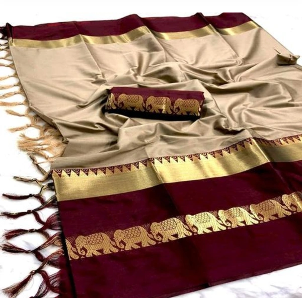 MAX DVYNE Hathi Saree Cotton Silk - Running Blouse Piece - 2023 - Tan, Free Size, Cotton Silk