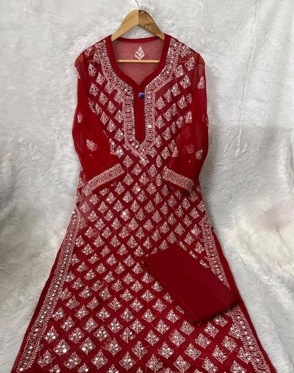 Hand Embroided chikan kurti with Glass work. - M, Red
