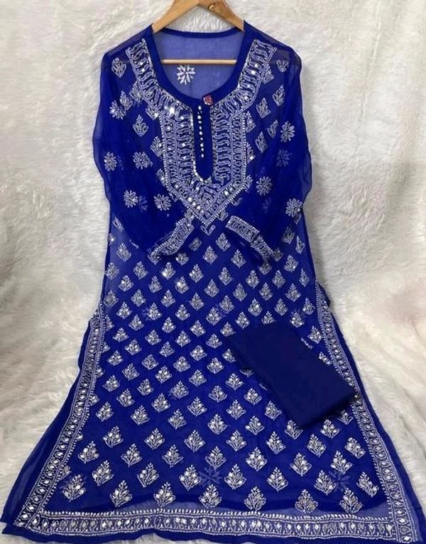 Hand Embroided chikan kurti with Glass work. - M, Blue