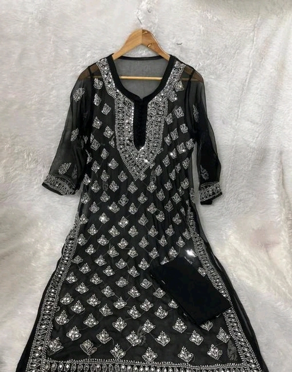 Hand Embroided chikan kurti with Glass work. - M, Black