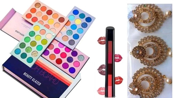 Eyeshadow Palette 60 Color Makeup Palette Highlighters Eye Make Up High Pigmented Professional Mattes & Shimmery Finish – Multicolor , 5 in 1 Red Edition Matte Finish Lipsticks +fine quality 3pcs mang tika (combo)
