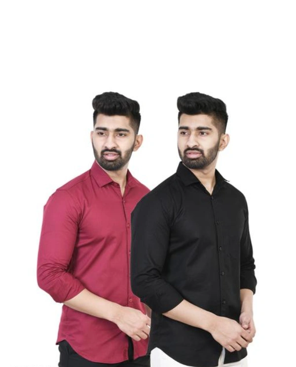 Youth First Men's Solid Spread Collar Black Shirts Pack Of 2 - L, Black, Stiletto