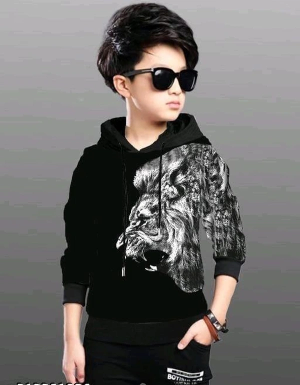 ERAWORLD Boys Cotton Black White Lion Printed Hooded T-shirt - Black, 12-13 Years, Cotton