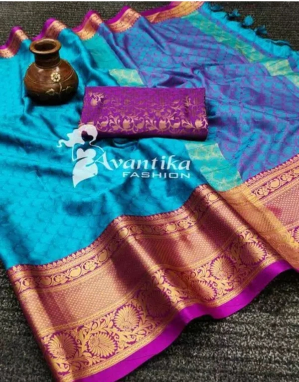 KESARI ENTERPRISES  Malisha Cotton Silk Designe Woven Saree With Blouse - Mercury, Free Size, 400(g)