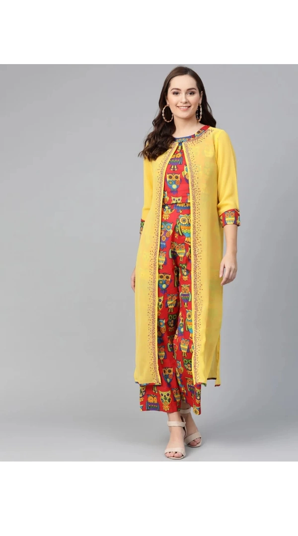 Pannkh Women Georgette Ethnic Top Pant Ethnic Jacket Set - Yellow, S, Ethnic Jacket Top And Pant