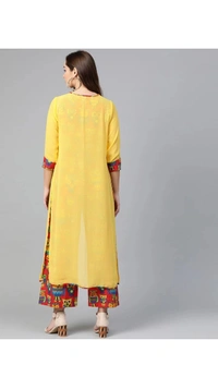 Pannkh Women Georgette Ethnic Top Pant Ethnic Jacket Set - Yellow, S, Ethnic Jacket Top And Pant