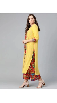 Pannkh Women Georgette Ethnic Top Pant Ethnic Jacket Set - Yellow, L, Ethnic Jacket Top And Pant