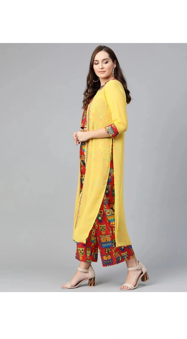 Pannkh Women Georgette Ethnic Top Pant Ethnic Jacket Set - Yellow, L, Ethnic Jacket Top And Pant