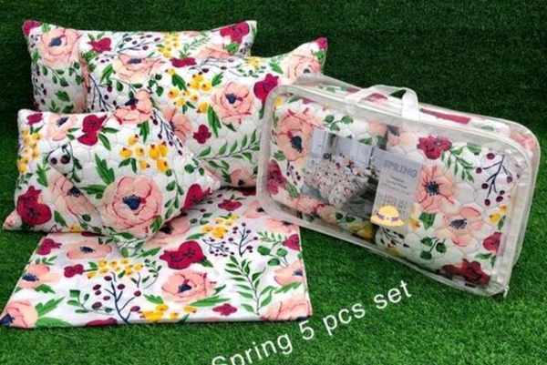 SOFT BLANKET  Premium 5PCS QUILTED SET WITH ONE DOUBLE BEDSHEET WITH 2 QUILTED PILLOW COVERS AND 2 QUILTED CUSHIONS WITH FILLERS IN BAG PACKING - KING, Sundown, FLAT SHEETS