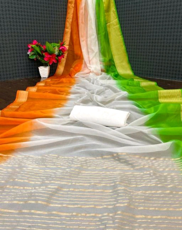 MAXICO Trendy Independence Day Special Organza Tiranga Print Saree With Art Silk Blouse Piece - White, Free Size, Silk