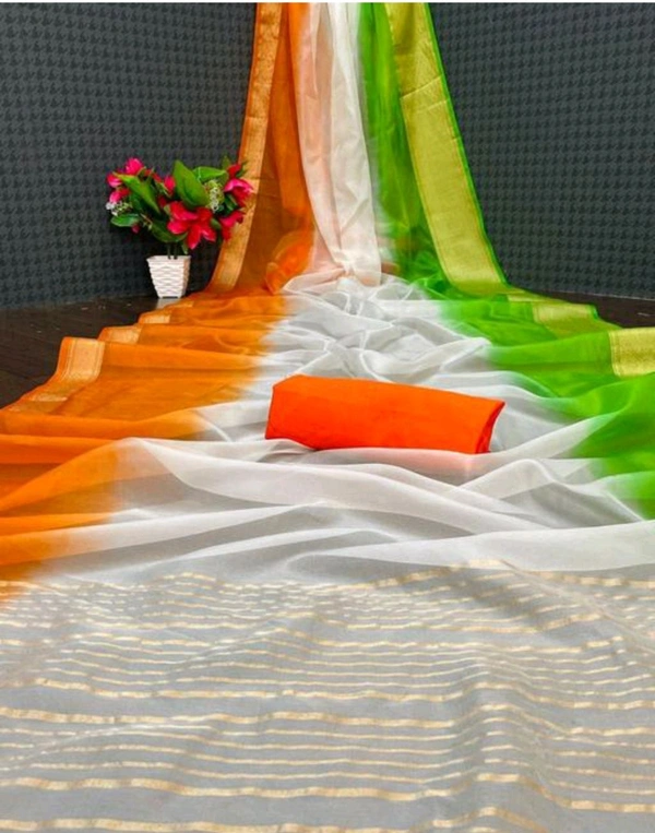 MAXICO Trendy Independence Day Special Organza Tiranga Print Saree With Art Silk Blouse Piece - Pizazz, Free Size, Silk
